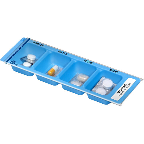 Dispenser 01, Schiebedeckel 09, bedruckt mit Abgabeperioden